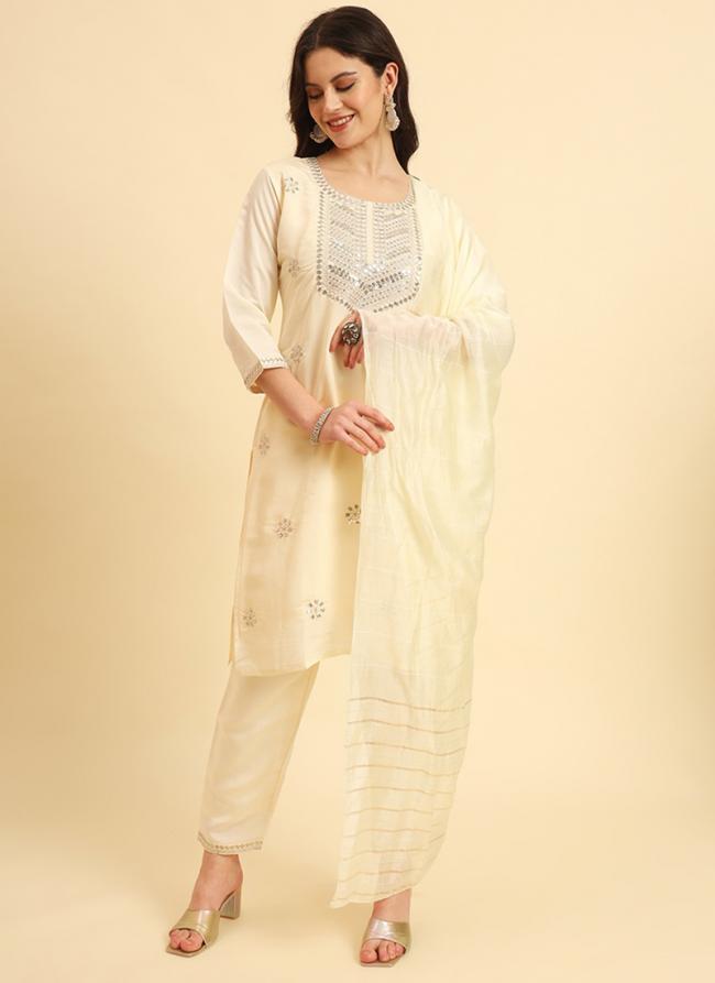 Silk Blend Cream Casual Wear Embroidery Work Readymade Kurti Set